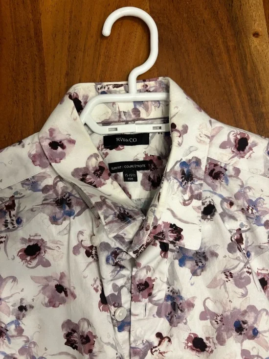 RW&CO. White Floral Dress Shirt with Purple and Blue Accents - Picture 3 of 9